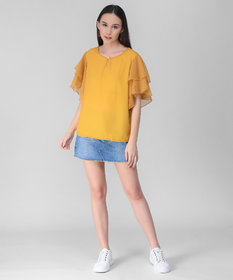 Vivient  Women Light Yellow Ruffle Sleeve Neck Button Top