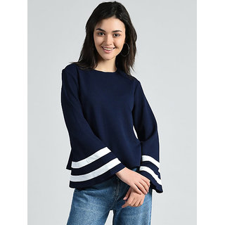 Vivient Women Nevy Blue White High Frill Rayon Top