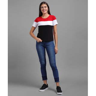 Vivient Women Red White Black Colour Block Hosery T-shirt