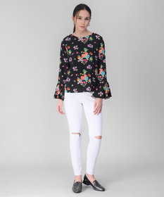 Vivient Women Black Base Red Floral Printed Bell Sleeve Top
