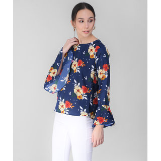 Vivient Women Nevy Base Red Floral Printed Bell Sleeve Top