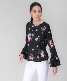 Vivient Women Black Base Pink Floral Printed Bell Sleeve Top