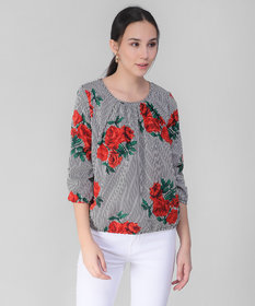 Vivient Women Black White Stripe Floral Printed Ballon Top