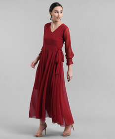 Vivient Women Maroon V-Neck Georgette Plain Maxi Dress