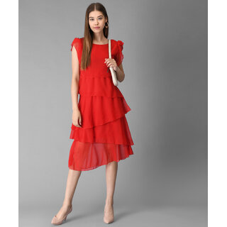 Vivient Women Red Plain Layered Georgette Midi Dress