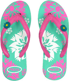 Polita Women's Rubberized EVA Flip-Flops and House Slippers ( Floret Pastel Green Pink White F37 )