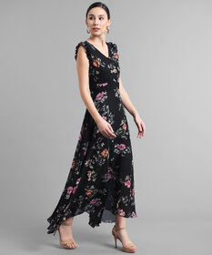 Vivient Women Black Base Red Floral Printed Georgette Maxi Dress