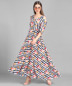 Vivient Women Black White Stripe Floral Printed Crepe Maxi Dress
