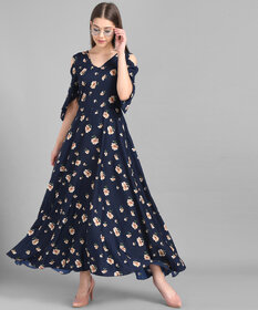 Vivient Women Nevy Blue Small Floral Printed Crepe Maxi Dress