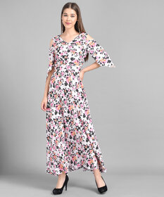 Vivient Women White Base Multi Floral Printed crepe Maxi Dress
