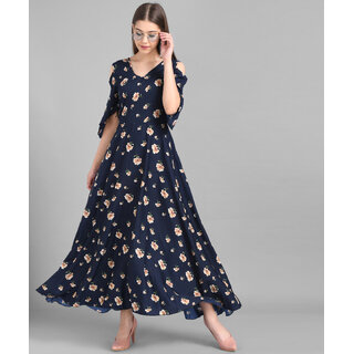 Vivient Women Nevy Blue Small Floral Printed Crepe Maxi Dress