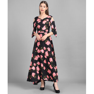 Vivient Women Black Base Pink Big Rose Printed Crepe Dress