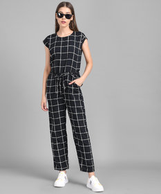 Vivient Women Black Check Front Knot Printed Jumpsuits