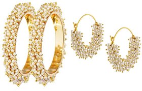 Combo of Pearl Cluster All Occassion 2.4 inch Bangle Set with Earrings