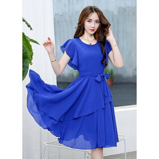 Elizy Women Royal Blue Plain Flair Georgatte Midi Dress