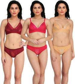 Combo Pack of 3 Cotton Non-Padded Lingerie Sets for Women  Girls