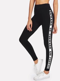 Women's / Girls Side White Stripe GO FORWARD printed  Legging Tights for high compression Sports Yoga Gym and Activewear