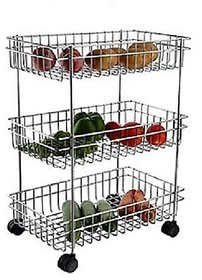 3 Layer Fruit and Vegetable Stand/Basket/Trolley Modern Kitchen Storage Rack (Silver)