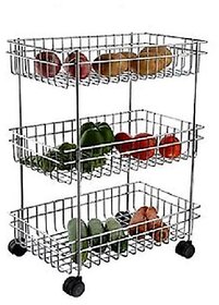 3 Layer Fruit and Vegetable Stand/Basket/Trolley Modern Kitchen Storage Rack (Silver)