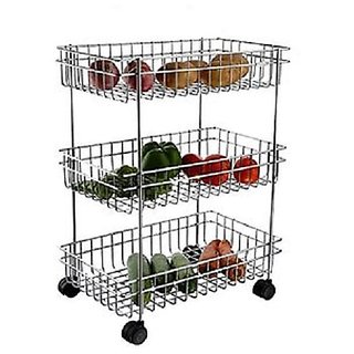 3 Layer Fruit and Vegetable Stand/Basket/Trolley Modern Kitchen Storage Rack (Silver)