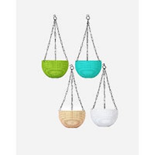 Multicolor Round Woven Plastic Flower Hanging Planter/Beautiful Round Gamla Pot/Flower Hanging Pot ( set of 4)