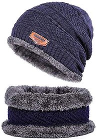 Karnavati Exclusive Woolen Cap With Neck Muffler/Neck Warmer Set For Men&Women-Navy Blue