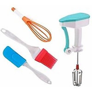 Combo of Stainless steel whisker/ silicon spatuala brush/ hand blender Kitchen Tools Set Multicolor Kitchen