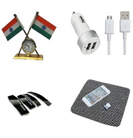 love4ride Combo of Indian Flag with Clock ,Dual Port Car Charger with USB cable Anti slip dashboard Mat and iPOP Door Guard