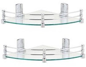 Multi-Purpose Glass Corner Shelf with Heavy Wall Brackets(Glossy)- 8x8 Inches, Pack of 2,