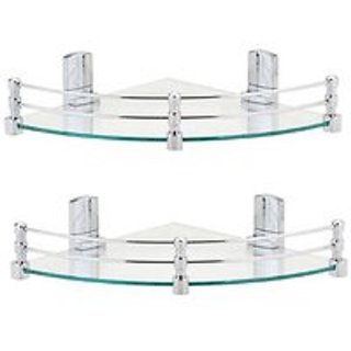 Multi-Purpose Glass Corner Shelf with Heavy Wall Brackets(Glossy)- 8x8 Inches, Pack of 2,