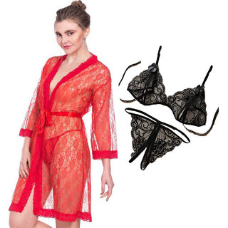 Buy Night dress Nighty With robe And Lingerie set for Women/Ladies/Girls  Nightwear Net babydoll dress red+ black 44 Online @ 399 from ShopClues