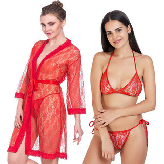 Buy Night dress Nighty With robe And Lingerie set for Women/Ladies/Girls Nightwear  Net babydoll dress RED + RED 77 Online @ 399 from ShopClues