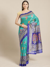 Meia Green And Blue Floral Printed Mysore Silk Saree