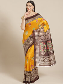 Meia Yellow And Maroon Floral Printed Mysore Silk Saree