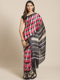 Meia Pink And Black Checked  Animal Print Saree