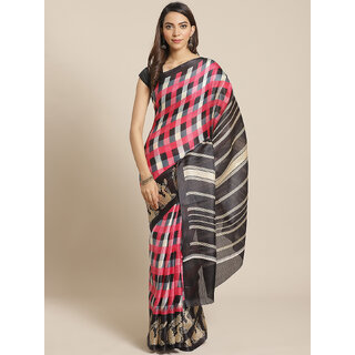 Meia Pink And Black Checked  Animal Print Saree