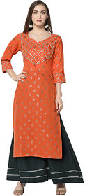 Sharda Creation Orange & Black  Colour Party Wear Foil Print  Kurtis With Plazzo