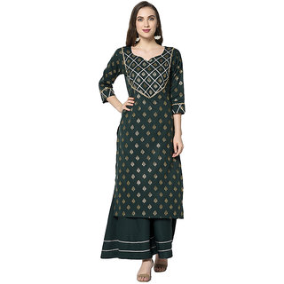 Sharda Creation Green Colour Solid  Party Wear Foil Print  Kurtis With Plazzo
