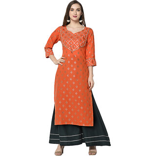 Sharda Creation Orange & Black  Colour Party Wear Foil Print  Kurtis With Plazzo