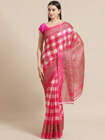 Meia Pink Checked Woven Design Printed Saree