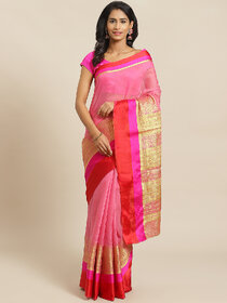 Meia Pink And Red Cotton Embellished Saree