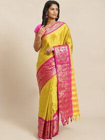 Meia Yellow And Pink Embellished Saree