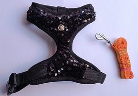 Cat Harness Black Squine with Nylon Lease Size M (Medium) Neck 32 cm circumferences - Good Beautiful  Softy Harness