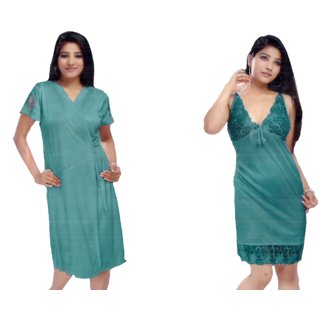 women's 2pc Sleepwear set Nighty  Over Coat 1193 Rama Green Babydoll Night dress new bed fun Daily  Nightie  Robe
