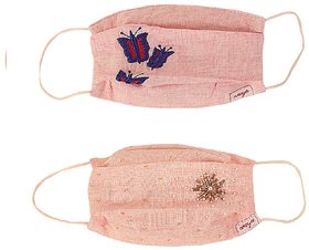 Aneya Butterfly and Pink Bugle Beads Embroidered 3 Layered Cotton Printed Face Mask, Reusable and Washable (Set of 2 Mas