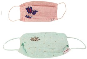 Aneya Butterfly and Blue Bugle Beads Embroidered 3 Layered Cotton Printed Face Mask, Reusable and Washable (Set of 2 Mas