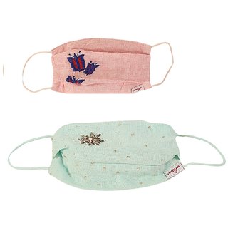 Aneya Butterfly and Blue Bugle Beads Embroidered 3 Layered Cotton Printed Face Mask, Reusable and Washable (Set of 2 Mas