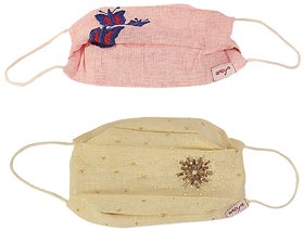 Aneya Butterfly and Yellow Bugle Beads Embroidered 3 Layered Cotton Printed Face Mask, Reusable and Washable (Set of 2 M