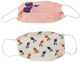 Aneya Butterfly and Orange and Blue Flowers Embroidered 3 Layered Cotton Face Mask, Reusable and Washable (Set of 2 Mask