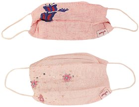 Aneya Butterfly and Signature Mask with Pink Beads Flowers Embroidered 3 Layered, Reusable and Washable(Set of 2 Masks)